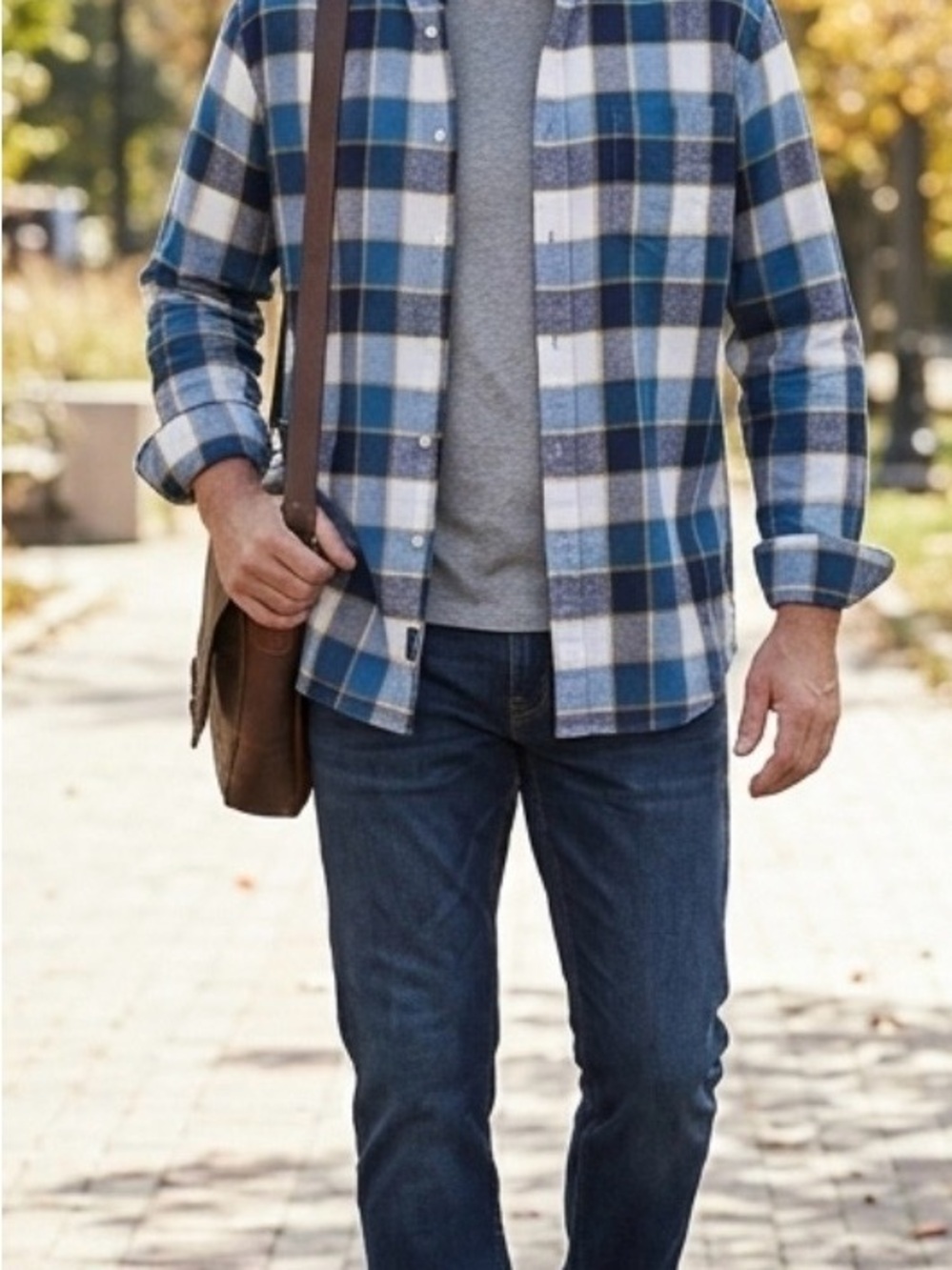 John Ashford Blue and White Plaid Casual Button-Down Shirt